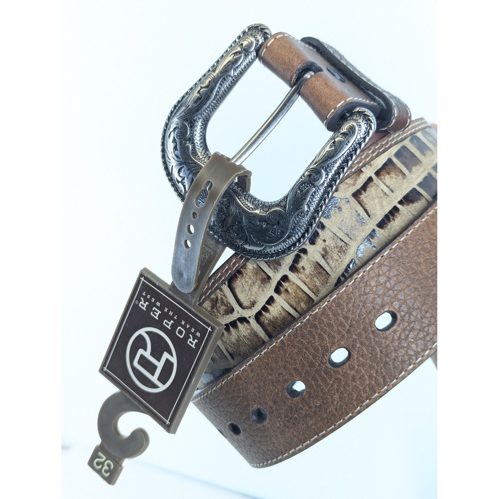 Roper Mens Western Belt Cognac Brown Leather Silver Engraved Buckle Size 32